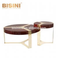 Modern Design Round Coffee Table With Veneer Top, Exquisite Living Room Furniture Wooden Nesting Table With Brass Stand